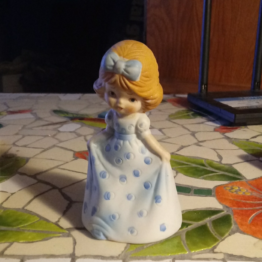 Bell blue polka dot dress girl figurine. Vintage